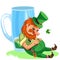 Saint patrick day leprechaun with mug of green beer, glass full alcohol ale, drunk man cylinder with celtic irish symbol