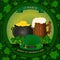 Saint Patrick`s background - pot of gold, beer mug, green hat and clover.