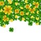 Saint Patrick s Day border with green and gold four and three Leaf clovers, golden coins on white background. Party