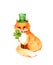 Saint Patrick`s Day card - fox in green hat and 4 leaves clover. Watercolor illustration