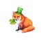 Saint Patrick`s Day card with fox in green leprechaun hat, 4 leaves clover. Watercolor