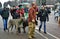 Saint Patrick`s Day celebration in Moscow. Men and women in carnival costumes