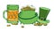Saint Patrick`s Day composition. Cauldron with golden coins, glass of beer and leprechaun`s hat. Hand drawn vector sketch