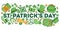 Saint Patrick`s Day composition with title. Traditional objects, food and symbols. Hand drawn vector sketch illustration on white