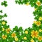 Saint Patrick s Day frame with green and gold four and three Leaf clovers,golden coins on white background. Party