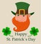 Saint Patrick`s Day greeting card. Head of cartoon happy leprechaun. Character with green hat, red beard and four leaf clover.