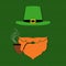 Saint Patrick`s Day leprechaun face with pipe, beard and hat on knitted green background. Irish holiday card or poster. Vector.