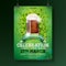 Saint Patrick`s Day Party Flyer Illustration with Fresh Dark Beer and Clover on Green Background. Vector Irish Lucky