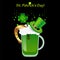 Saint Patrick`s Day poster with green beer, four-leaf clover, horseshoe and tube hat