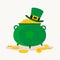 Saint Patrick`s Day. Pot of Leprechaun with gold and a lucky leaf clover.