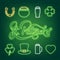 Saint Patrick`s Day. Set of neon icons and St. Patrick`s lettering. Patrick Day design elements