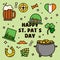 Saint Patrick`s day sticker pack. Gift card, design for celebrities with beer, leprechaun hats, gold, Irish flag and quatrefoil.