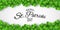 Saint Patricks Day banner. Green clovers and stylish lettering on a white background. Holiday frame. Festive cover. Vector