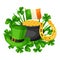 Saint Patricks Day card. Flag Ireland, pot of gold coins, shamrocks, green hat and horseshoe