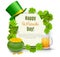 Saint Patricks Day Card with Treasure of Leprechaun, Green Hat on orange Background.