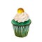 Saint Patricks day cupcake with coin, watercolor illustration in hand-drawn style.