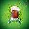 Saint Patricks Day Design with Fresh Dark Beer and Falling Clovers Leaf on Green Background. Irish Holiday Vector