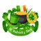 Saint Patricks Day greeting card. Flag Ireland, pot of gold coins, shamrocks, green hat and horseshoe