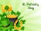 Saint Patricks Day greeting card. Flag, pot of gold coins, shamrocks, green hat and horseshoe