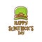 Saint Patricks Day greeting card. Irish Leprechaun green hat and greeting text isolated on white. Saint Patrick label or