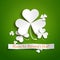 Saint Patricks day greeting vector card, paper shamrock leaves