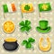 Saint Patricks Day objects. Flag Ireland, pot of gold coins, shamrocks