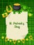 Saint Patricks Day poster. Flag, pot of gold coins, shamrocks, green hat and horseshoe