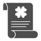 Saint Patricks holiday announcement solid icon. Paper sheet with text and clover glyph style pictogram on white