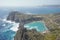 Saint Paul bay, Aegean Sea landscape from ancient town of Lindos and Acropolis rocky ruins. Rhodes, Greece