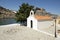 Saint Paul small white chapel near Lindos beach, popular place for weddings