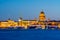 Saint Petersburg cityscape with St. Isaac`s cathedral, Admiralty buildings and Palace bridge at sunset, Russia