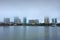 Saint Petersburg, Florida, buildings cityscape along the blue water shoreline of Tampa Bay on a very overcast foggy morning