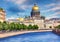 Saint Petersburg, Isaac`s Cathedral, waterfront canal and houses - Russia