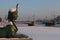 Saint Petersburg, Malaya Nevka river embankment. Sphinx sculpture on the background of the Kamennoostrovsky bridge on a frosty Jan
