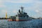 SAINT PETERSBURG, RUSSIA - 2018: Large landing ship Minsk in the Neva river near the Peter and Paul fortress. Navy day