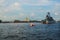 SAINT PETERSBURG, RUSSIA - 2018: Large landing ship Minsk in the Neva river near the Peter and Paul fortress. Navy day