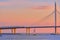 Saint-Petersburg, Russia - Jun 09, 2021: bolshoy Obukhov bridge at sunset in the evening.
