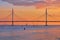 Saint-Petersburg, Russia - Jun 09, 2021: bolshoy Obukhov bridge at sunset in the evening.