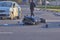 Saint Petersburg, Russia-May, 2020: a motobike crashed into a car a motorcyclist was injured police investigation fingerprint