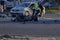 Saint Petersburg, Russia-May, 2020: a motobike crashed into a car a motorcyclist was injured police investigation fingerprint