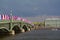 SAINT PETERSBURG, RUSSIA - MAY10, 2014: Bascule Trinity Troitsky Bridge across the Neva river with tricolor flags