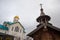 SAINT-PETERSBURG, RUSSIA: Wooden chapel with a bell tower and carved porch at the church of the Holy St. Seraphim Vyritsky