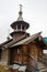 SAINT-PETERSBURG, RUSSIA: Wooden chapel with a bell tower and carved porch at the church of the Holy St. Seraphim Vyritsky