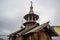 SAINT-PETERSBURG, RUSSIA: Wooden chapel with a bell tower and carved porch at the church of the Holy St. Seraphim Vyritsky