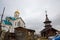 SAINT-PETERSBURG, RUSSIA: Wooden chapel with a bell tower and carved porch at the church of the Holy St. Seraphim Vyritsky