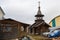 SAINT-PETERSBURG, RUSSIA: Wooden chapel with a bell tower and carved porch at the church of the Holy St. Seraphim Vyritsky.