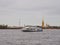 Saint-Petersburg, RUSSIA â€“ May 1, 2019: Touristic boat on the Neva river, Saint-Petersburg, Russia.