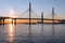 Saint Petersburg skyline at sunset with cable-stayed bridge and