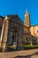 Saint Sernin Basilica, its iconic portal and bell tower in Toulouse in autumn, Occitanie, France