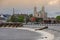 Saint St Peter and Paul`s Church, Athlone castle and River Shannon at Athlone Town